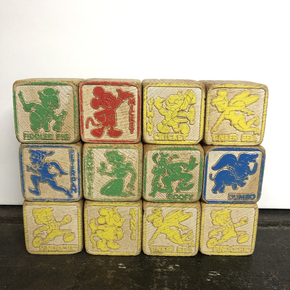 Vintage Alphabet Letters Animals Objects Disney Wood Toy Blocks Lot of 12